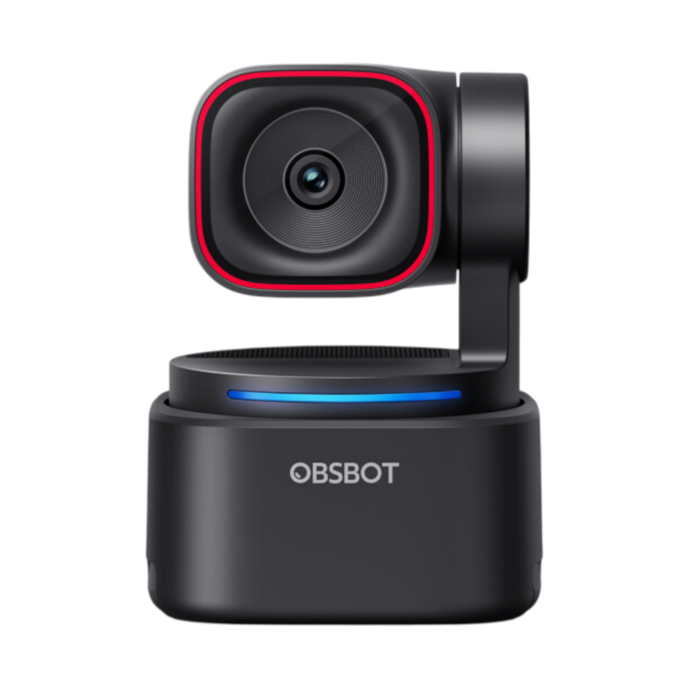 מצלמת OBSBOT Tiny 3 Lite 4K AI PTZ Webcam קומפקטית על מסך מחשב, מציגה עדשת 4K וגימבל חכם ב-view center.
