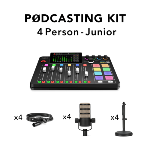 קיט פודקאסט שלם RODE Podcasting Kit Junior ל-4 דוברים הכולל קונסולת Duo, מיקרופונים PodMic על זרועות ואוזניות ב-View Center.