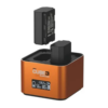 מטען כפול מקצועי Hahnel ProCube3 לסוללות Sony עם מסך LCD כחול וסוללות נטענות ב-View Center.