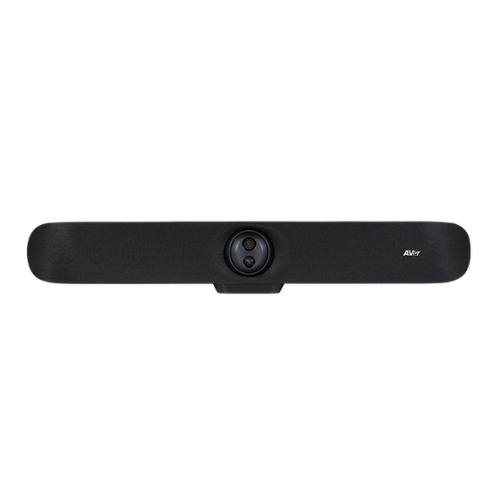 מערכת וידאו בר חכמה AVer VB370A 4K לעסק מבית view center - מבט חזיתי על וידאו-בר אלגנטי ומוארך בצבע שחור, הכולל גריל בד איכותי ומערך עדשות כפולות חכמות במרכז המכשיר.
