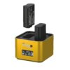 מטען כפול מקצועי Hahnel ProCube3 לסוללות Nikon עם מסך LCD כחול ונתוני טעינה ב-View Center.