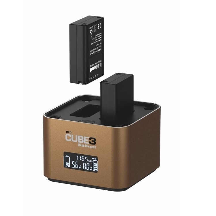 מטען כפול מקצועי Hahnel ProCube3 לסוללות Olympus עם מסך LCD כחול וסוללות נטענות ב-View Center.