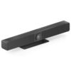 מערכת וידאו בר PureLink Vibe 4K BYOM מבית view center - מבט אלכסוני על וידאו-בר שחור ואלגנטי לחדרי ישיבות הכולל עיצוב מוארך עם גריל רמקול מבד, מצלמת 4K חכמה במרכז ומעמד שולחני שטוח ויציב.
