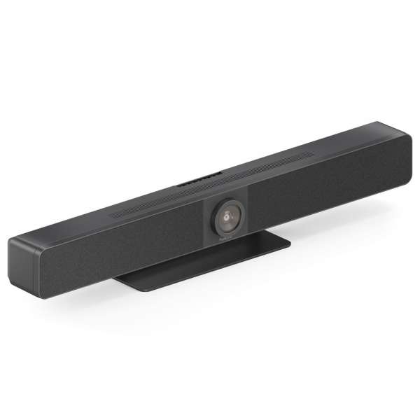 מערכת וידאו בר PureLink Vibe 4K BYOM מבית view center - מבט אלכסוני על וידאו-בר שחור ואלגנטי לחדרי ישיבות הכולל עיצוב מוארך עם גריל רמקול מבד, מצלמת 4K חכמה במרכז ומעמד שולחני שטוח ויציב.