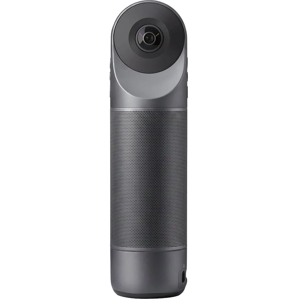 מערכת וידאו קונפרנס KANDAO Meeting Pro 2 view center בעיצוב גלילי ואלגנטי, הכוללת עדשה כפולה לצילום היקפי ב-360 מעלות ומערך מיקרופונים חכם מובנה, הממוקמת במרכז שולחן חדר ישיבות קטן עד בינוני.